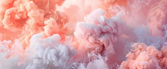 Azure clouds of smoke floating amidst a dreamy tapestry of soft peach and muted lavender.