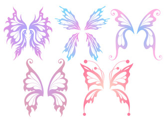 Vector set of butterfly wings clipart isolated from background. Fantasy collection of fairy wings in delicate gradient colors for stickers and sublimation - 774668887