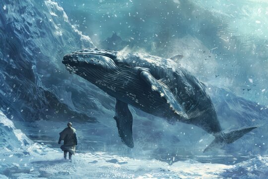 
Image of a person's face filled with wonder and delight as they witness a magnificent whale swimming gracefully in the icy waters, highlighting the profound sense of joy and reverence inspired by the