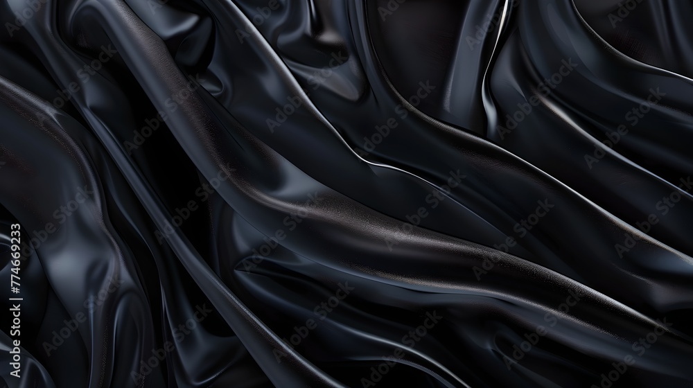 Poster elegant black satin fabric draped luxuriously, perfect for backgrounds or design elements. soft text