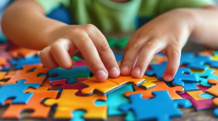 Autism and autism Boy's hands connecting a jigsaw puzzle. Autism and other developmental, communication and social behavior disorders. - obrazy, fototapety, plakaty