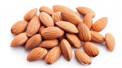 A close-up HD image of a heap of almonds isolated on a white background, showcasing their smooth,...