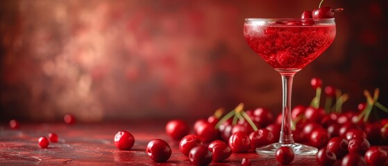   A tight shot of a glass filled with liquid, topped with cherries, and a nearby table mounded with additional cherries