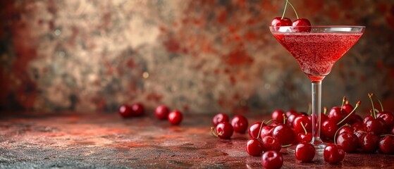   A tight shot of a martini glass, adorned with cherries at the edge and a line of cherries rimwards - obrazy, fototapety, plakaty