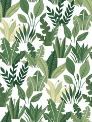 Vector seamless pattern with flat hand-drawn plants on a white background. Botanical surface design for fabrics, wallpaper and clothing. Texture with bushes of greenery - 774669870
