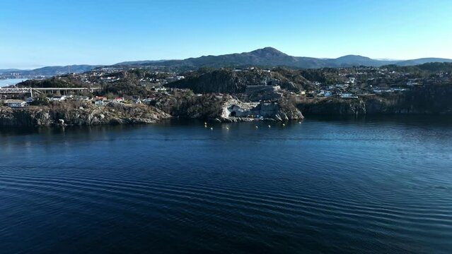 Sotra Link bridge Construction site in Bergen Norway, Aerial looking towards Drotningsvik