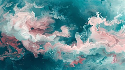 Fototapeta na wymiar Blush pink tendrils creating mesmerizing patterns over a canvas of deep oceanic teal.