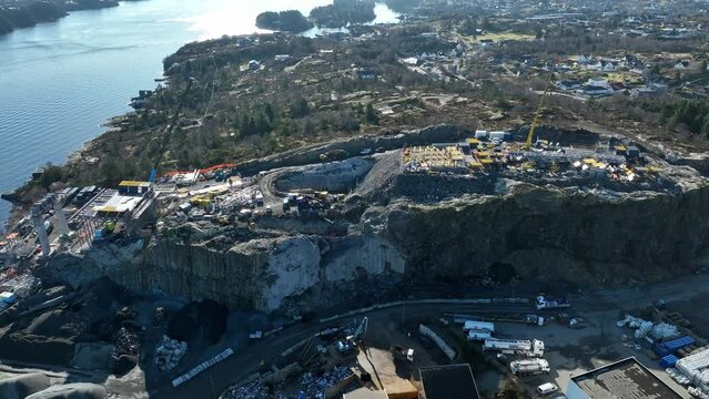 Massive construction site at Knarrevik, building new Bridge to Bergen mainland Norway, Aerial