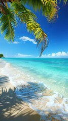 Fototapeta na wymiar A beautiful beach scene with a palm tree in the foreground. The water is calm and the sky is clear and blue. Scene is peaceful and relaxing