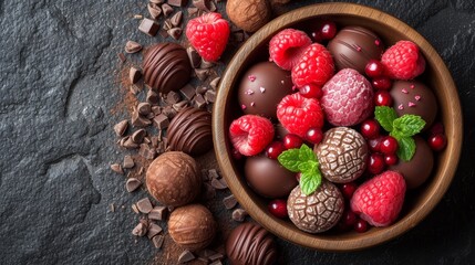   A black stone counter holds a bowl filled with chocolates and raspberries atop, accompanied by separate nuts and raspberries - obrazy, fototapety, plakaty