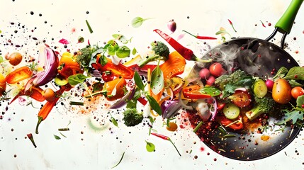 Naklejka premium Dynamic Culinary Scene with Colorful Vegetables Tossed in the Air. Perfect for Cooking Concepts and Food Blogs. Capturing the Art of Cuisine in Action. AI