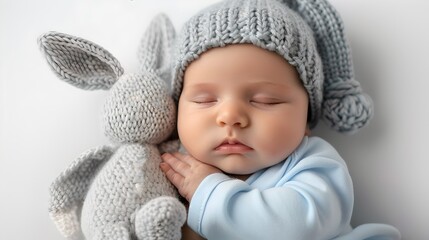Sleeping Infant Embracing a Plush Bunny in a Cozy Knitted Hat. Adorable Baby Nap Time Portrait. Serene Child Photo Suitable for Stock. AI