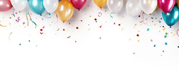 Obraz premium Festive balloons with ribbons and scattered confetti over white, representing celebration or party