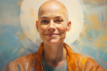 Bald woman in her late 40s, radiating confidence and empowerment. The background features a blend of warm and cool hues, enhancing the overall mood of the image.