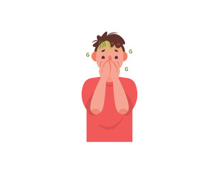 a man covers his mouth because he wants to vomit. keep from vomiting. dizziness, nausea and wanting to vomit. sick, not feeling well. diseases and health problems. character illustration design