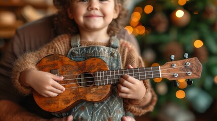   A young girl stands before a Christmas tree, its lights aglow, cradling a wooden ukulele