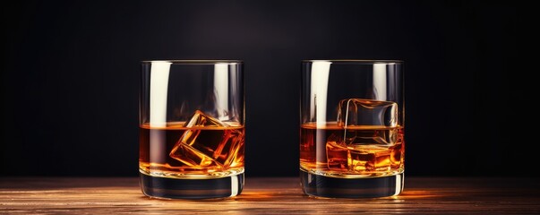 Elegant whiskey glasses on wooden table - obrazy, fototapety, plakaty