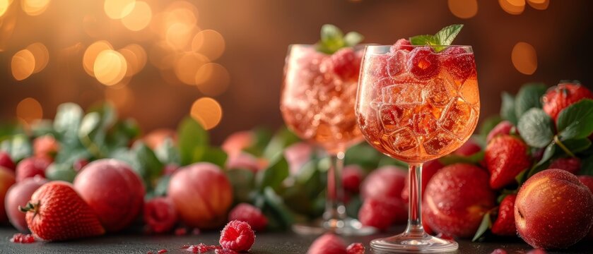   A tight shot of two wine glasses, brimmed with liquid and elegantly adorned with raspberries, resting on a table