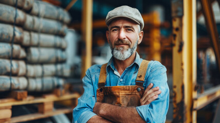A man in a blue shirt and hat stands in front of a pile of cement bags. He has his arms crossed and is smiling. blue collar worker who is rich lifestyle image