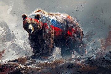   A painting of a bear atop a mountain carrying a red, white, and blue flag - obrazy, fototapety, plakaty