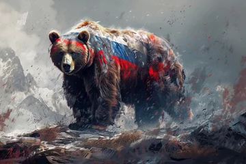 Foto op Aluminium   A painting of a bear atop a mountain carrying a red, white, and blue flag © Mikus