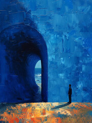 Man standing and watching a blue painted wall.