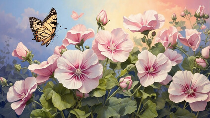 Sunrise Serenade, Mallow Flowers Awaken to Butterflies' Delicate Dance - an oil painting.