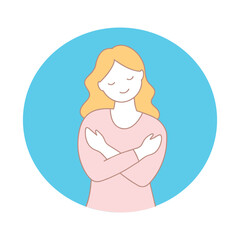 A smiling woman hugs herself to show self-love Happy girl hugs herself