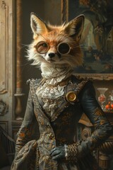 A fox wearing a Victorian dress and glasses
