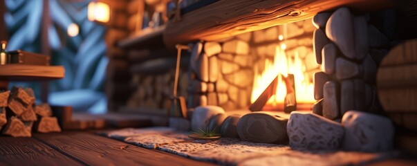 Cozy fireplace with a warm and inviting glow - obrazy, fototapety, plakaty
