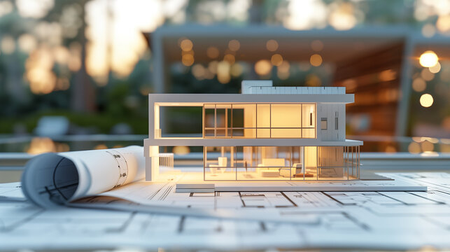 Architectural Model Home on Blueprint Plans
. A detailed architectural model of a modern house sitting on top of blueprint plans on a wooden table.
