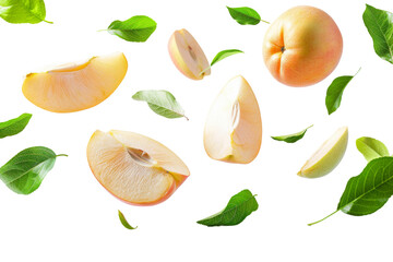 Obraz premium Pear with half slices falling or floating in the air with green leaves isolated on background, Fresh organic fruit with high vitamins and minerals.