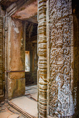The beautiful ancient carving on the entrance at Banteay Kdei in Siem Reap, Cambodia