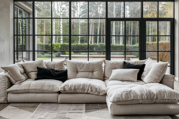 luxury Beige corner sofa against of big windows. Minimalist interior design of modern living room