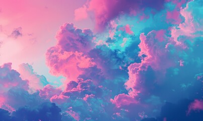 Obraz na płótnie Canvas A pink-blue sky with clouds; a plane flies amidst, against the backdrop of a pink-blue sky