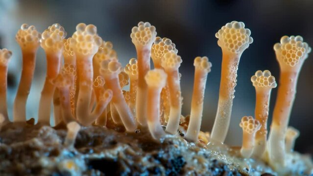 Captivating closeup of sporebearing basidia showing the intricatelyshaped structures protruding from their long thin stalks. . AI generation.