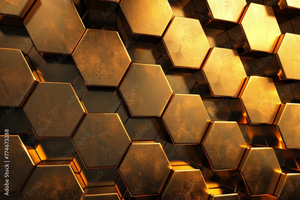 Poster geometric pattern inspired by honeycomb, precise hexagons, golden color scheme