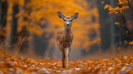   Deer in forest, leaves on ground, yellow tree as backdrop