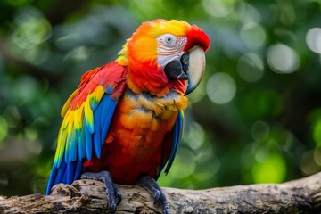 Fototapeta premium Macaw parrot with dazzling rainbow plumage, perched on a weathered branch