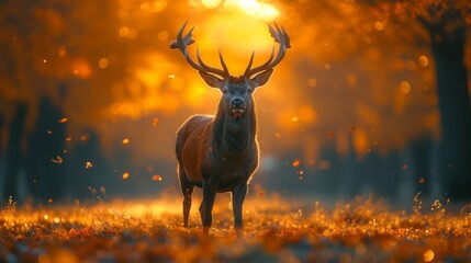   A deer, situated in a forest, basks under the sun's rays, its head and antlers illuminated - obrazy, fototapety, plakaty
