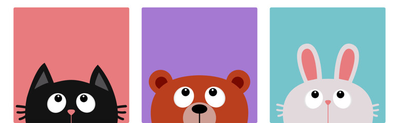 White bunny rabbit, black cat kitten, brown bear head face looking up. Forest animal square icon set. Cute cartoon kawaii baby character. Childish style. Flat design. Colorful background. Vector