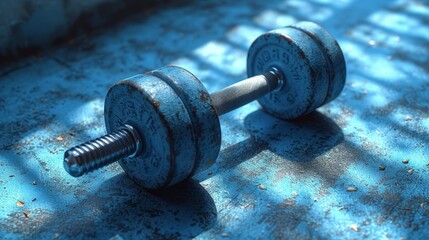 Fototapeta premium A tight shot of two dumbbells against a blue backdrop A building shadow casts in the background