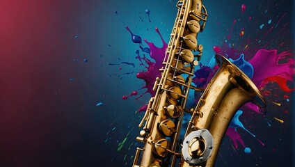 Abstract colorful background with saxophone, splashes and slogan - obrazy, fototapety, plakaty
