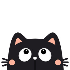 Cat head face looking up. Big eyes. Cute cartoon character. Black kawaii kitten pet animal silhouette. Pink ears. Baby card. Childish style. Flat design. Sticker print. White background. Vector