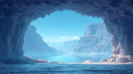   Inside a cavern, gaze upon a vast expanse of water Outside, mountains rise against the horizon, framing this tranquil water scene