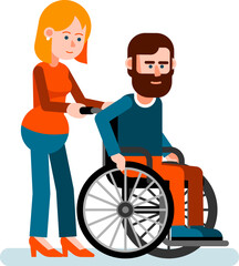 A man with a disability in a wheelchair being helped by a woman on a sidewalk. Vector illustration