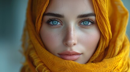   A woman with blue eyes is depicted in a close-up shot She wears a yellow scarf around her neck and a yellow shawl covers her head