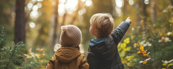 Two children exploring the autumn forest together - obrazy, fototapety, plakaty