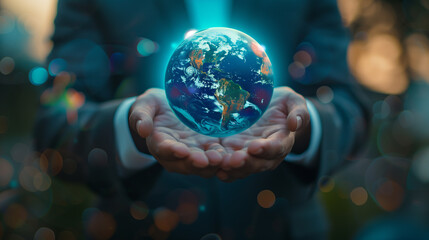 Fototapeta premium Hand Holding Illuminated Globe Against Bokeh Lights. A hand presents a glowing globe with continents highlighted, symbolizing global connectivity and innovation, against a backdrop of bokeh lights. 