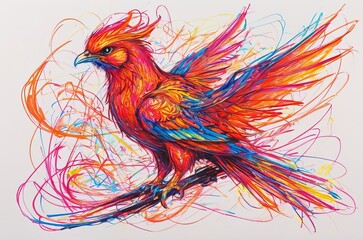 Firebird in chaotic wax crayon drawing style - obrazy, fototapety, plakaty